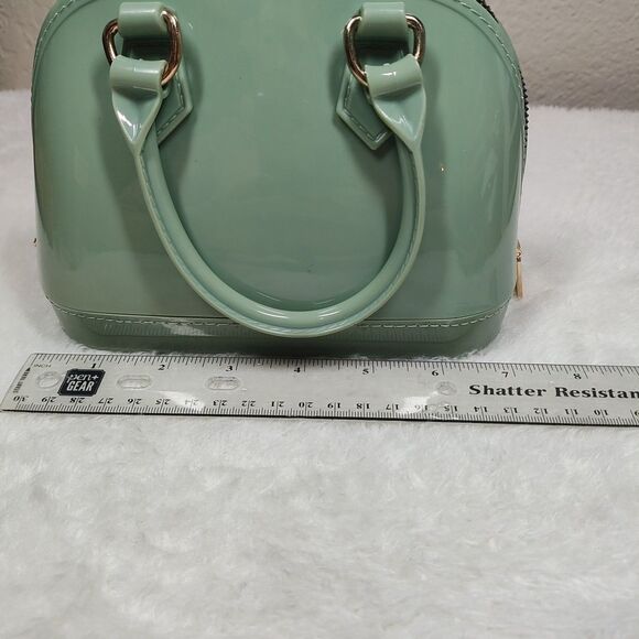 Glossy Green Double Handle Small Purse Gold Zipper - Patent Leather Finish Like - Picture 7 of 8